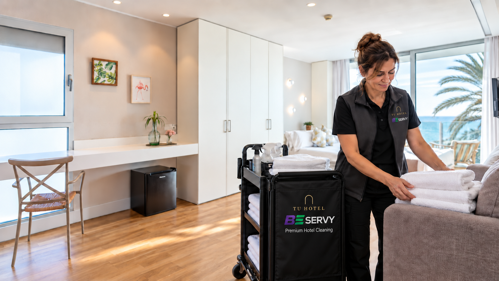 Visualización conceptual de un equipo y un carrito de limpieza con la identidad de Tu Hotel