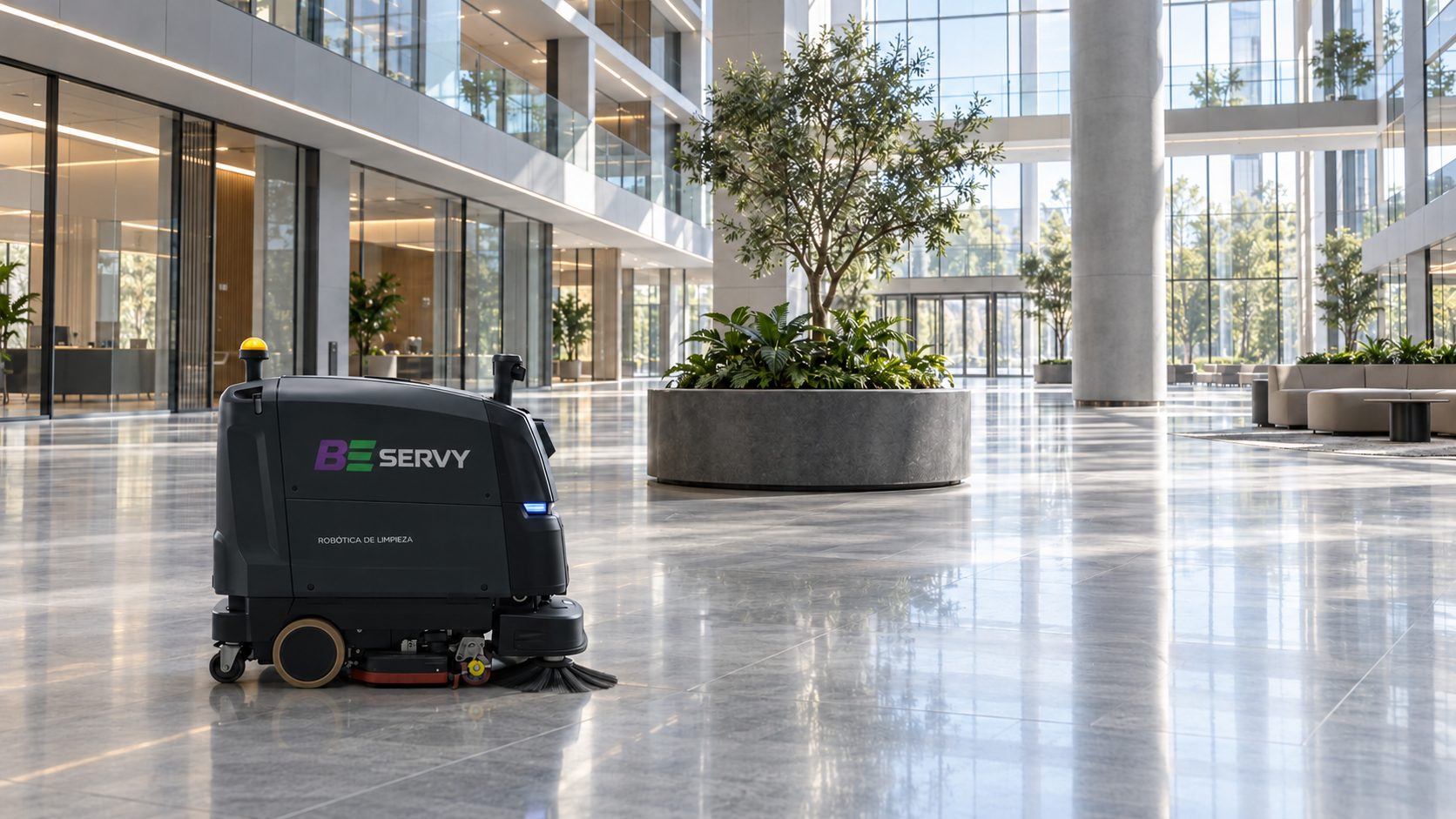 Visualización conceptual del robot BESERVY en un atrio amplio con pilares y jardineras